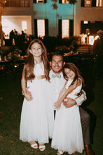 Load image into Gallery viewer, Groom with two flower girls wearing comfortable ivory Grace dresses
