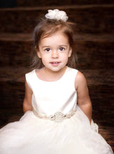 Load image into Gallery viewer, Junior bridesmaid wearing Adelina flower girl dress and rhinestone belt

