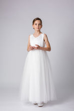 Load image into Gallery viewer, JuniorAna Balahan Grace Floor Length Satin and Tulle V neck Junior Bridesmaid dress Front View
