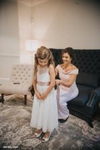 Load image into Gallery viewer, Beautiful flower girl in Roselle lace flower girl dress with open V-neck on the back and her mom

