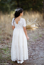 Load image into Gallery viewer, Olivia skin colour long lace flower girl dress with open back and short sleeves Ana Balahan
