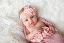 Load image into Gallery viewer, Ranunculus little baby girl newborn photoshot with blush pink color headband and sash decorated with pearl beads
