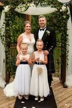 Load image into Gallery viewer, Roselle bride groom and two flower girls in lace flower girl dresses with chiffon skirt Ana Balahan
