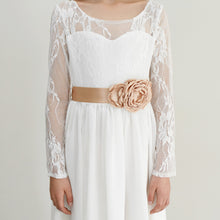 Load image into Gallery viewer, Stefania lace dress with long lace sleeves and belt decorated with flowers by Ana Balahan Brisbane Australia
