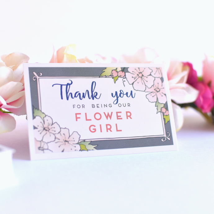 Thank you for being our flower girl card grey and light pink shades