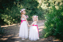 Load image into Gallery viewer, Two cute girls wearing romantic outfits with floral crowns and bring pink belts by Ana Balahan Australia
