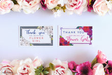 Load image into Gallery viewer, Two designs of Thank you for being our flower girl card in mix of gray magenta and light pink colors
