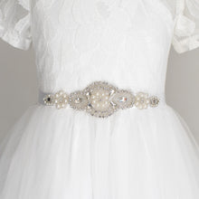 Load image into Gallery viewer, White color sash with gems and crystals with off white color dress 
