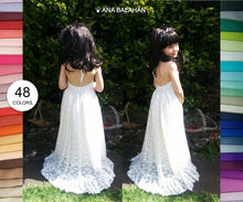Load image into Gallery viewer, Florence lace flower girl dress with open back and skirt with train front and back views
