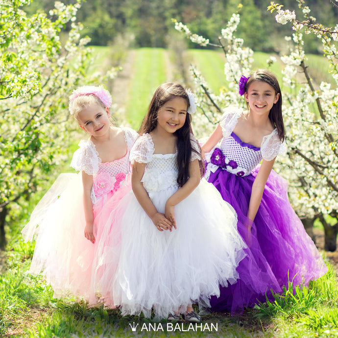 Pretty flower girl in a fantastic Jasmine Blossom dress with her friends in Ana Balahan tutu dresses