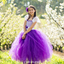 Load image into Gallery viewer, Girl in magnificent Jacaranda flower girl dress amongst blossoming cherry trees
