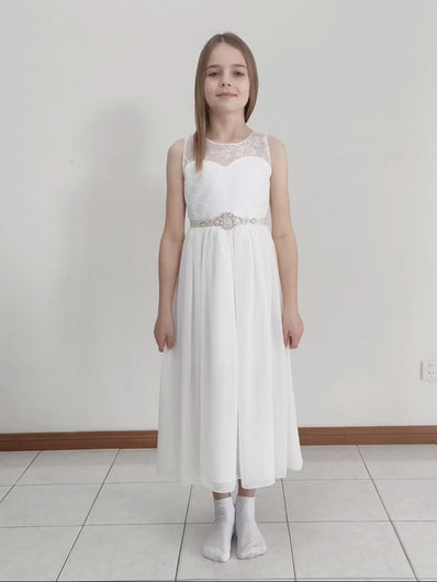 Video of Roselle - tween midi length lace flower girl dress with V-neck in bridal ivory color Ana Balahan